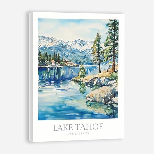 Lake Tahoe US Watercolor Poster, Idyllic View Canvas Wall Art Home Decor, Painting Print Poster Wall Art 12x16 inch (Framed)