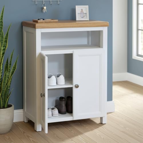 GROF GROFurniture Painted Shoe Storage Cabinet White, Ready-Assembled Hallway Organizer with Oak Top & Adjustable Shelves | Wooden Entryway Cabinet for Shoes | Modern Farmhouse Style