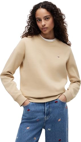 Image of Tommy Jeans Women's Tjw Reg S Flag Crew Dw0Dw19959 Pullover Sweatshirt, BEIGE (Gentle Gold), M