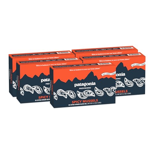 Patagonia Provisions - Spicy Mussels in Extra Virgin Olive Oil | Responsibly sourced | 18g Protein & Gluten Free | Pack of 5