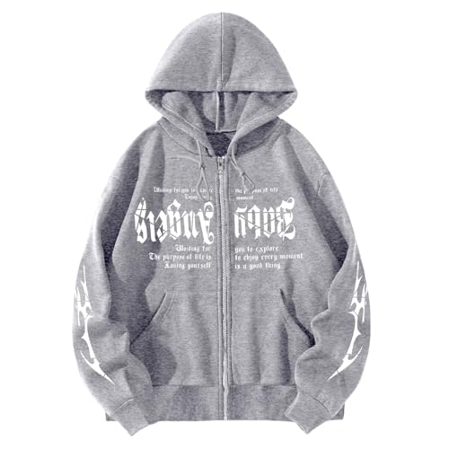 RSZGSWS Men's Gothic Printed Hoodies Casual Long Sleeve Zip Up Hoodie Y2K Long Sleeve Sweatshirts Grey