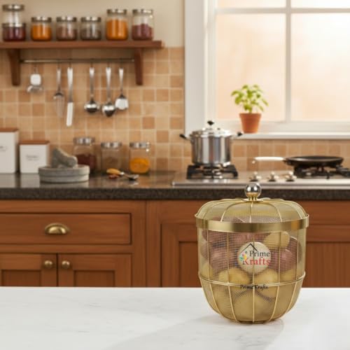 Image of Decorative Insect-Resistant Fruit and Vegetables Basket with Lid | Countertop Mesh (Jaali) Design Fruit Storage Basket for Kitchen, Dining Table, Living Room - Gold