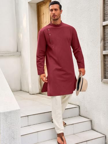Image of Runcati Mens Kaftan Thobe Robe Long Sleeve Cotton Henley Shirt Casual Muslim Gown Salwar Kurta