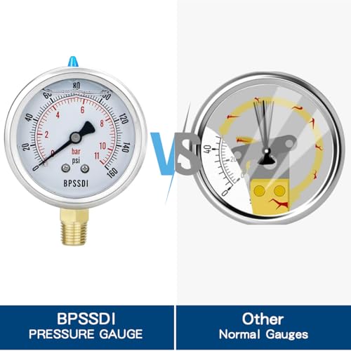 Image of 0-160 Psi Glycerin Liquid Filled Low Pressure Gauge, 2.5 inch Dial Size, 1 /4 inch NPT Lower Mount, 304 Stainless Steel Case, for Water Pump, Pneumatic Air, RV Hose, Gas Pressure Test