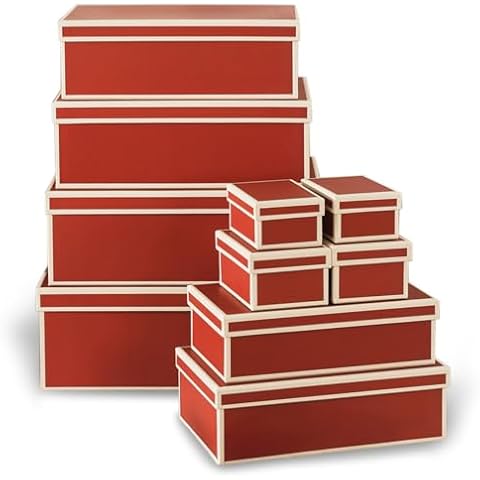 Soul & Lane Christmas Boxes with Lids - Set of 10, Festive Red Gift Boxes for Presents, Decorative Cardboard Holiday Storage Cover