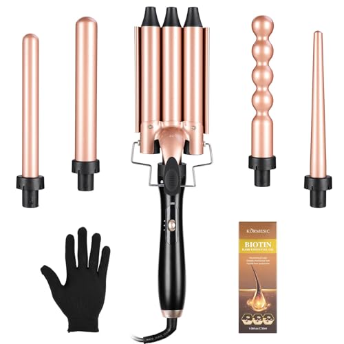 Rizadora para Cabello 5 en 1, Ferro para el Cabello Intercambiables, Tenazas para Rizar Cabello, Adecuado para Todo Tipo de Cabello, 2 Configuraciones de Temperatura, con Guantes Aislados y Aceite Esencial