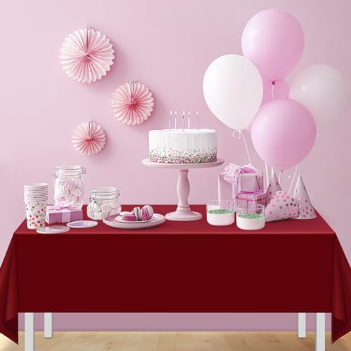 Image of 16 Pack Maroon Plastic Tablecloth for Rectangle Tables, Premium Decorative Burgundy Disposable Table Cloths for Parties, Rectangle Party Table Cover for Birthday Anniversary Graduation, 54x108 Inch