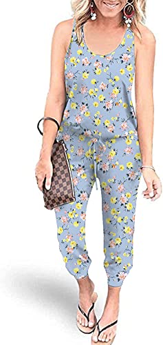 PCEAIIH Women's One Piece Jumpsuit Casual Loose Sleeveless Tank Overalls Elastic Waist Stretchy Romper with Pockets S Yellow Pink Flower