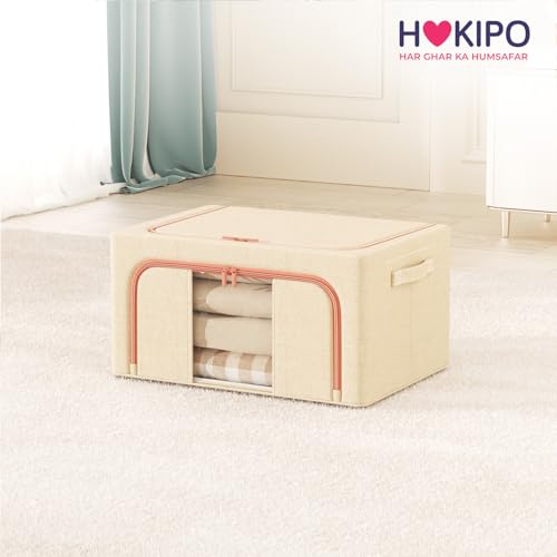 Image of HOKIPO 24L Small Wardrobe Organiser for Storage for Clothes, Foldable Storage Box, Sand Beige Pack of 1 (AR-6672-BGE)