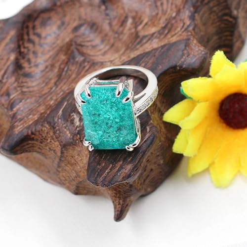 Uloveido 0.5"*0.7" Rectangle Stone Halo Index Finger Anniversary Rings for Women, Green Cubic Zirconia Imitated Paraiba Tourmaline Ring3