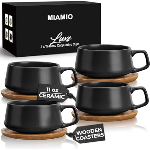 MIAMIO – 11 Oz., Set of 4 Ceramic Tea Cup and Saucer Bamboo/Tea Mug - Wide Cappuccino Cup, Coffee Cups Ceramic Mug for Cappuccino, Latte, Espresso & Americano - Luxe Collection (Black) Cover
