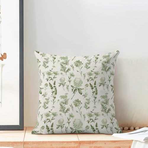 Image of AEIOAE Sage Green Spring Pillow Covers 16x16 Inch Set of 2, Wild Flower Leaves Plant Throw Pillows Case,Seasonal Floral Outdoor Decorative Farmhouse Decor Cushion Covers for Home Sofa Bed Couch