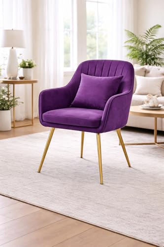 Image of Velvet Chair for Home | Modern Accent Armchair in Soft Velvet Fabric with Golden Legs | Set of 2 Premium Accent Chair for Living Room Bedroom Restaurent | (Purple 1pc, Standard)