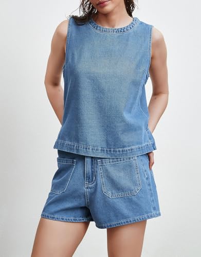 Image of Kedera Summer Denim Set for Women 2 piece Casual Sleeveless Boxy Shirt Tops and Shorts Pants Lounge Sets Outfits