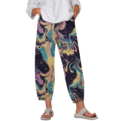 Image of DMOYALA Linen Pants for Women Summer Casual Wide Leg Capri Pants Loose Fit Palazzo Pants Cropped Beach Pants with Pockets