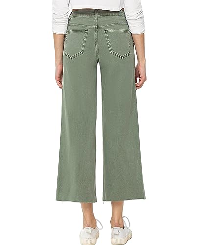 VERVET by Flying Monkey Olive Wide Denim Jeans Cropped High-Rise Raw-Cut3