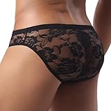 Dimgut Mens Lace Underwear Briefs Bulge Pouch Transparent Panties Low Rise Ultra Thin Underpants Black