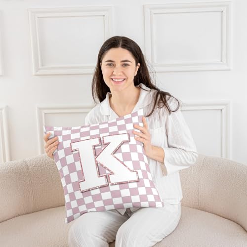 Image of Erosebridal Pink Initial K Throw Pillow Covers 22x22 Set of 2 Kawaii Plaid Checkered Pillow Covers Cute Personalized Monogram Cushion Cover Fashion Grids Gingham Pillow Cases for Couch Sofa