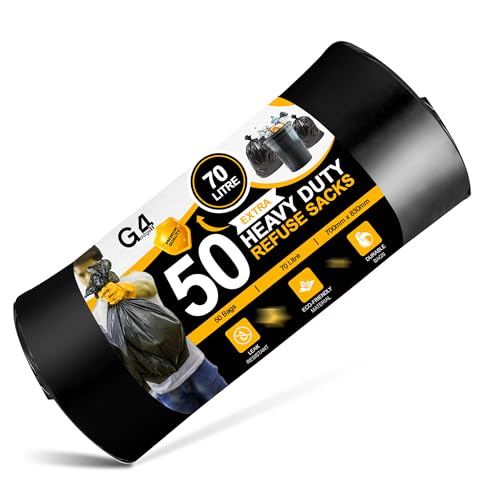 G4GADGET 70L Black Bin Bags (50 Bags) – Refuse Sacks | Bin Liners for Household, Kitchen, Garden & Office | Tear Resistant Rubbish Bags | Extra Thick Trash Sacks
