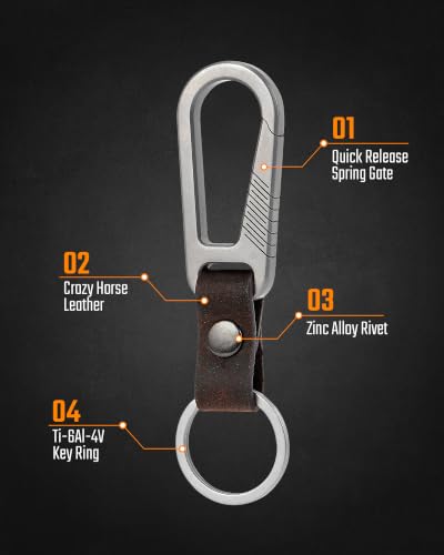 Image of KeyUnity KM02 Titanium Belt Clip Carabiner Leather Keychain Holder with Removable Stainless Steel Key Ring