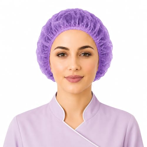 Image of Disposable Bouffant Caps, 21inches Hair Net, Elastic Dust Cap for Food Service, Kitchen Head Cover (Purple)