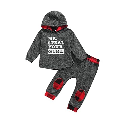 BemeyourBBs Baby pojke med huva bokstäver kläder långärmad bokstav sweatshirt topp rutiga byxor set 2 st höst barn pojke kläder set, Grå, 3 År