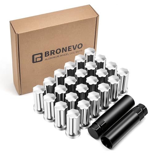 Image of [BRONEVO] 24pc M14x1.5 Spline Lug Nuts with 2 Socket Tools - 2 inch Long Chrome Nuts for Aftermarket Wheels - Replacement for Ford F150, Chevy Silverado, Ram 1500-60 Degree Conical Seat