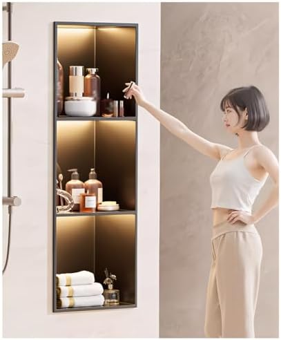 Modern Recessed Stainless Steel Shower Niche with LED Light Strip – Stylish Bathroom Storage & Organizer for Showers, Kitchens & Living Rooms (Black, 320x320x125 mm)