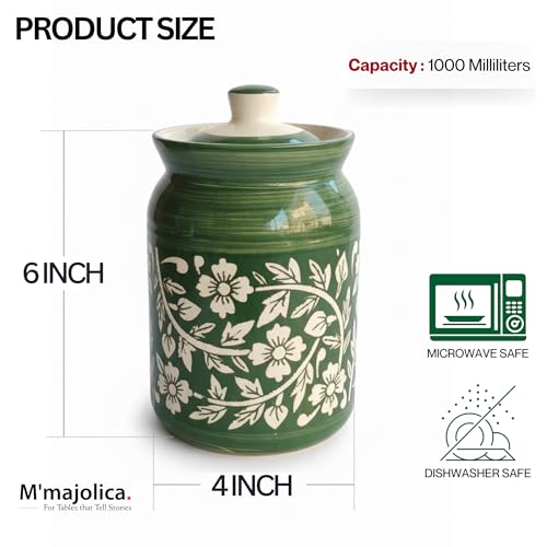 Image of Green Floral Ceramic Handglazed Pickle Jars Set of 1-1000 ML Each | 1 kg Achaar Martban Barni Jar with Lid | Ceramic Storage Jar Container Pickle, Chatney