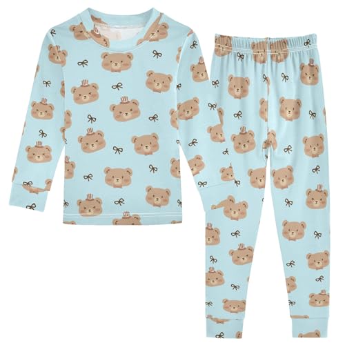 Cute Brown Bears Blue Print Cute Pajama Sets Long Sleeve Top and Pants, Snug Fit Sleepwear for Night Wears