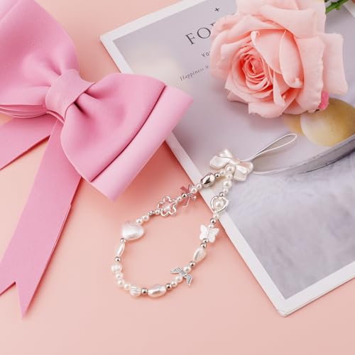 Gosknor Handy Anhänger Charms, Perle Herz Schleife Handy Anhänger Perlen Süß Y2K Handy Armband Kette Handy Schlüsselanhänger Handgelenkschlaufe Handy Schlüsselring Rucksack Geldbörse Kamera