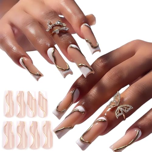 プレスオンネイルロングスクエア付け爪 3D フレンチヒント女性用爪に人工スティック アプリケーションツールが含まれています