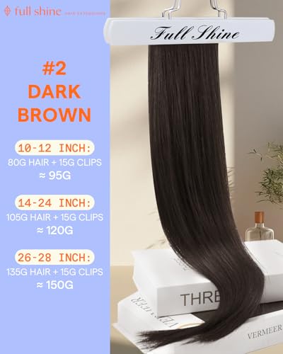Image of Full Shine Brown Human Hair Clip in Extensions, Dark Brown | Clip in Hair Extensions Real Human Hair, Brunette Hair Extensions for Women, Straight, Smooth Blend, 14 Inch 7 Pcs 120g