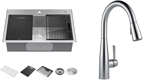 DELTA - Fregadero de cocina con remache de 33 pulgadas, montaje superior, calibre 16, acero inoxidable, cuenco individual + grifo de cocina