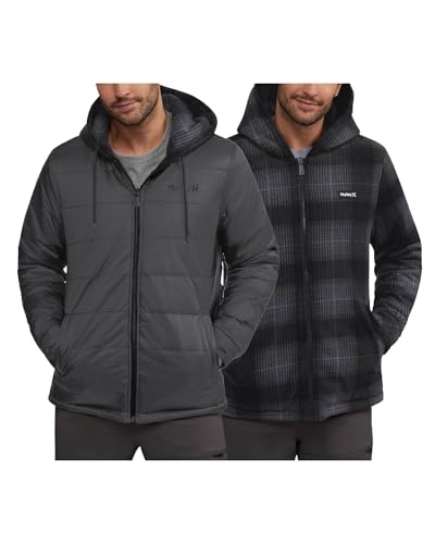 Hurley Mens Puffer Jacket - Quilted Nylon to Plaid...