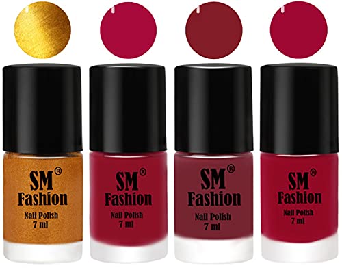 Image of Nail Polish Combo Set (Pack of 4) Quick Dry Gel Finish Nail Paint | Golden,Raspberry,Lip,Pure Wine | 7 ml Each