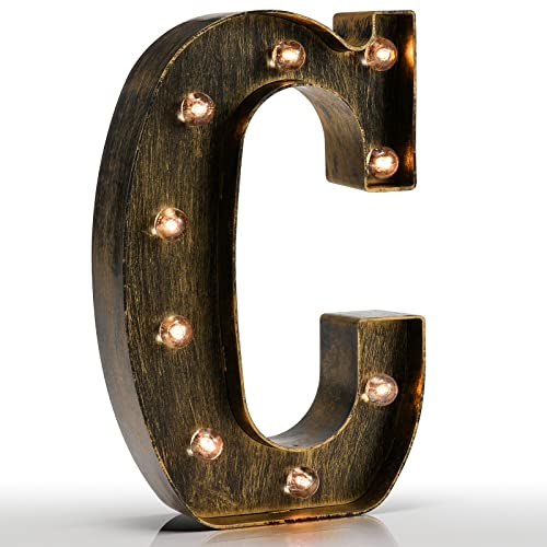 Image of Pooqla Vintage Light Up Marquee Letters with Lights – Illuminated Industrial Style Lighted Alphabet Letter Signs - Coffee Bar Apartment Bedroom Wall Home Initials Decor A-Z