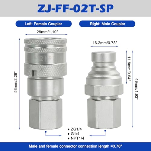 Image of 1 /4 inch Body & 1 /4 inch NPT Hydraulic Quick Connect Fittings Thread Set - Flat Face Hydraulic Couplers with Dust Caps, High Flow Skid Steer ISO 16028 Hydraulic Fittings