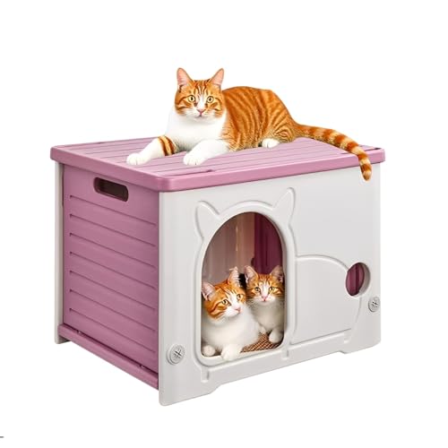 屋外対応オールシーズン対応キャットハウス【防雨・日よけ付き】ドッグハウス・キャットシェルター。コンパクトな半密閉型デザイン、ローズカラーのプラスチック製ペットハウスは、野良猫や子犬に最適です。耐候性、コンパクト性、防風性、断熱性を備えています。屋外用キャッ