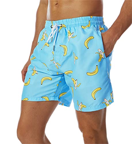 SILKWORLD Mens Swim Trunks Quick-Dry Printed Bathing Suit Shorts with Mesh Lining, Banana, Large