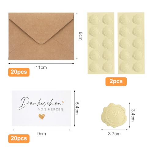 VOSSOT 20 Stück 9cm x 5.4cm Kleine Dankeskarten mit Kraftpapier Umschlägen und Gold Siegel Aufklebe, Mini Dankeschön Karte, Thank You Cards für Geburtstag Hochzeit DIY Dankeskarten Geschenk