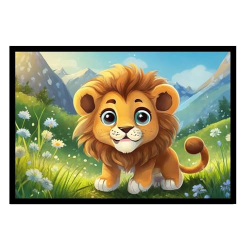 GAEKKO Quadro da parete Leone giocoso – Carino con grandi occhi sulla radura soleggiata su vetro acrilico con cornice in vetro acrilico 30 x 20 cm