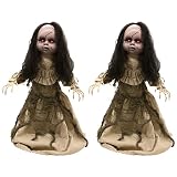 Animatronic Large Doll in Beige Dress 82cm 32" Halloween Decoration - Red Light up Eyes & Sound Effects - Motorised Wheels - Halloween Props