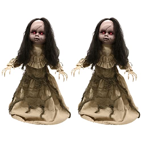 Animatronic Large Doll in Beige Dress 82cm 32" Halloween Decoration - Red Light up Eyes & Sound Effects - Motorised Wheels - Halloween Props