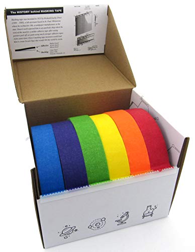 New! Colored Masking Tape and Dispenser, 6X Rainbow Colored Rolls, 1" Wide