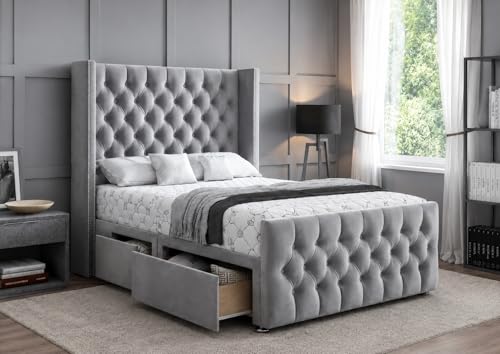 Image of IQ Beds Chesterfield Plush Velvet Divan Bed with Storage Drawers Diamond Tufted 50 Inch Headboard & Footboard Luxury Upholstered Bed Frame