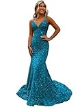 Eightale Sequin Mermaid Prom Dress for Women Plus Size Ocean Blue Sparkly Long Bodycon Glitter Trumpet Spaghetti Straps Formal Evening Cocktail Gowns with Train US18 Plus