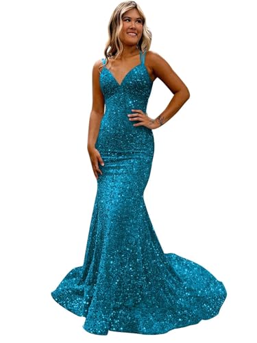 Eightale Sequin Mermaid Prom Dress for Women Plus Size Ocean Blue Sparkly Long Bodycon Glitter Trumpet Spaghetti Straps Formal Evening Cocktail Gowns with Train US18 Plus