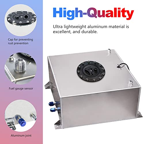 Edicapo Universal 10 Gallon 40L Fuel Cell Tank Polished Aluminum Silver With Cap/Level Sender/12Ft Oil Feed Line #TOP2