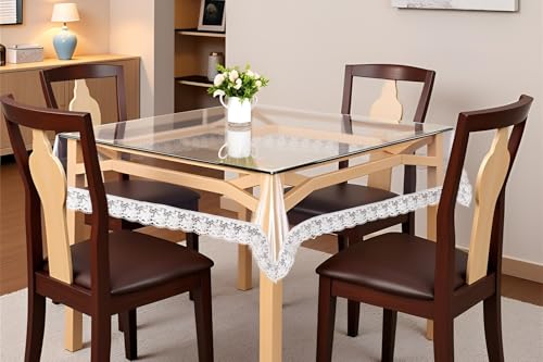 Image of The Furnishing Tree Square Shaped 4 Seater Transparent Table Cover Size 54x54 inches 0.25 mm Thickness with White Lace